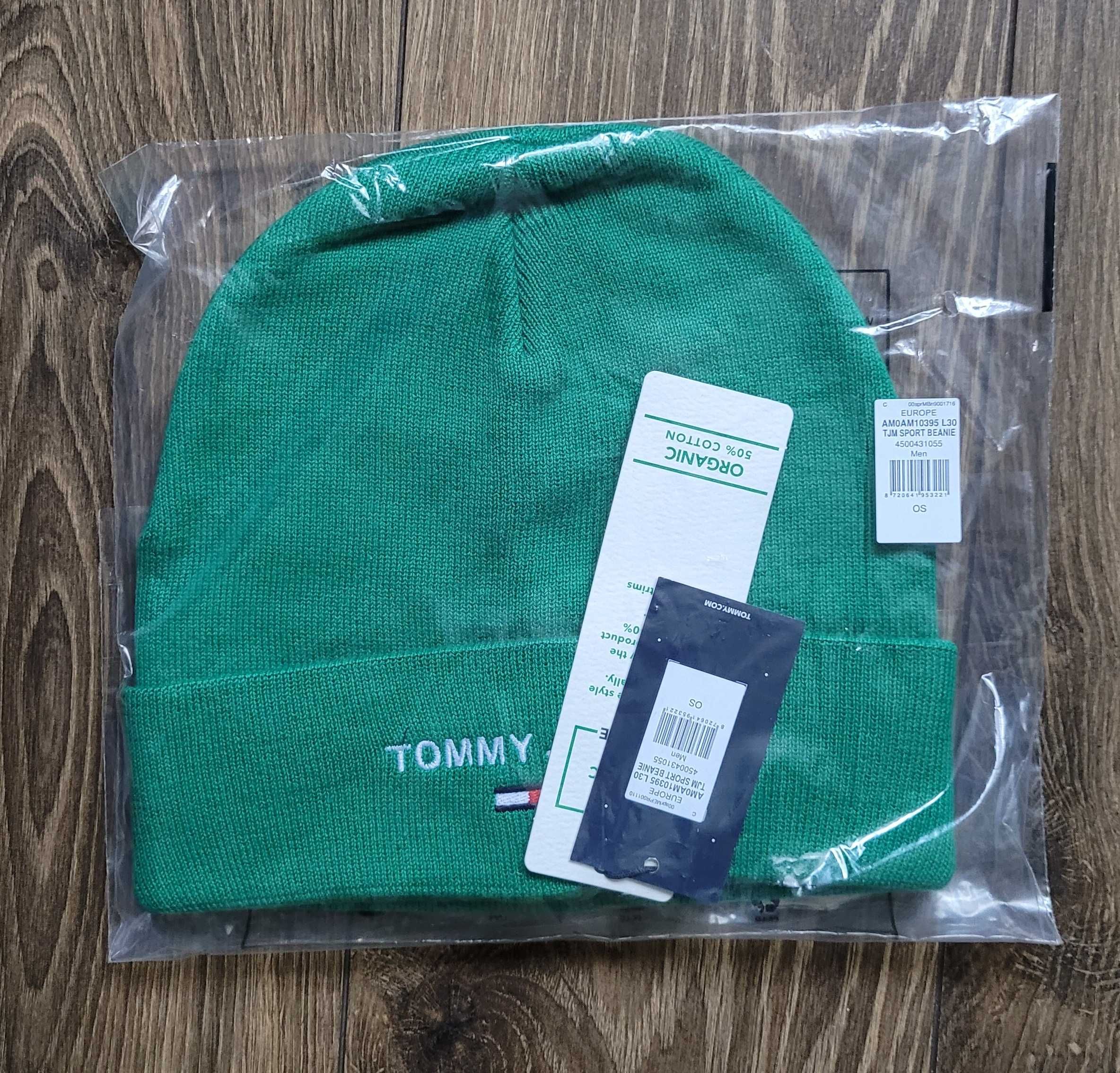 czapka beanie Tommy Jeans zimowa z logo zielona bawełna sportowa NOWA