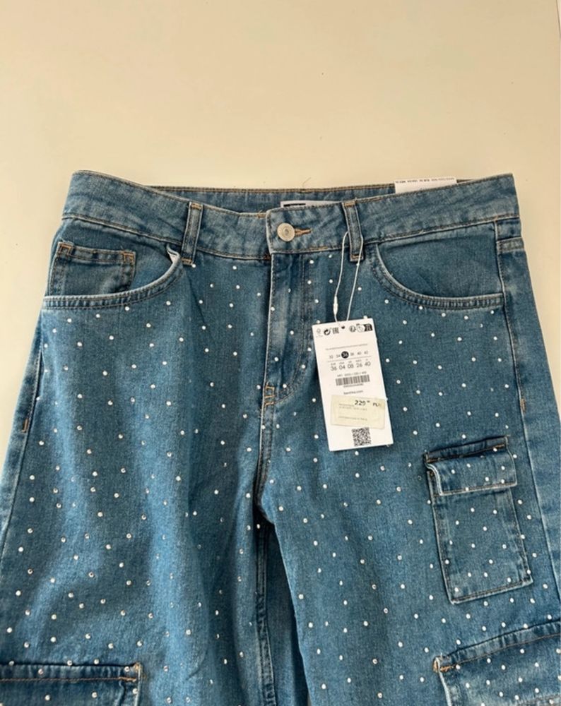 Spodnie jeansy dżinsy z cyrkoniami kryształkami baggy szerokie