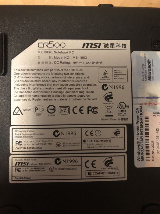 Notebook MSI CR500 uszkodona matryca + bez dysku