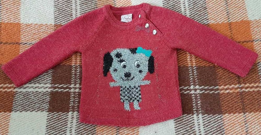 Свитер для девочки 1-2 года, вишнёвый с люриксом, с собачкой, Турция
