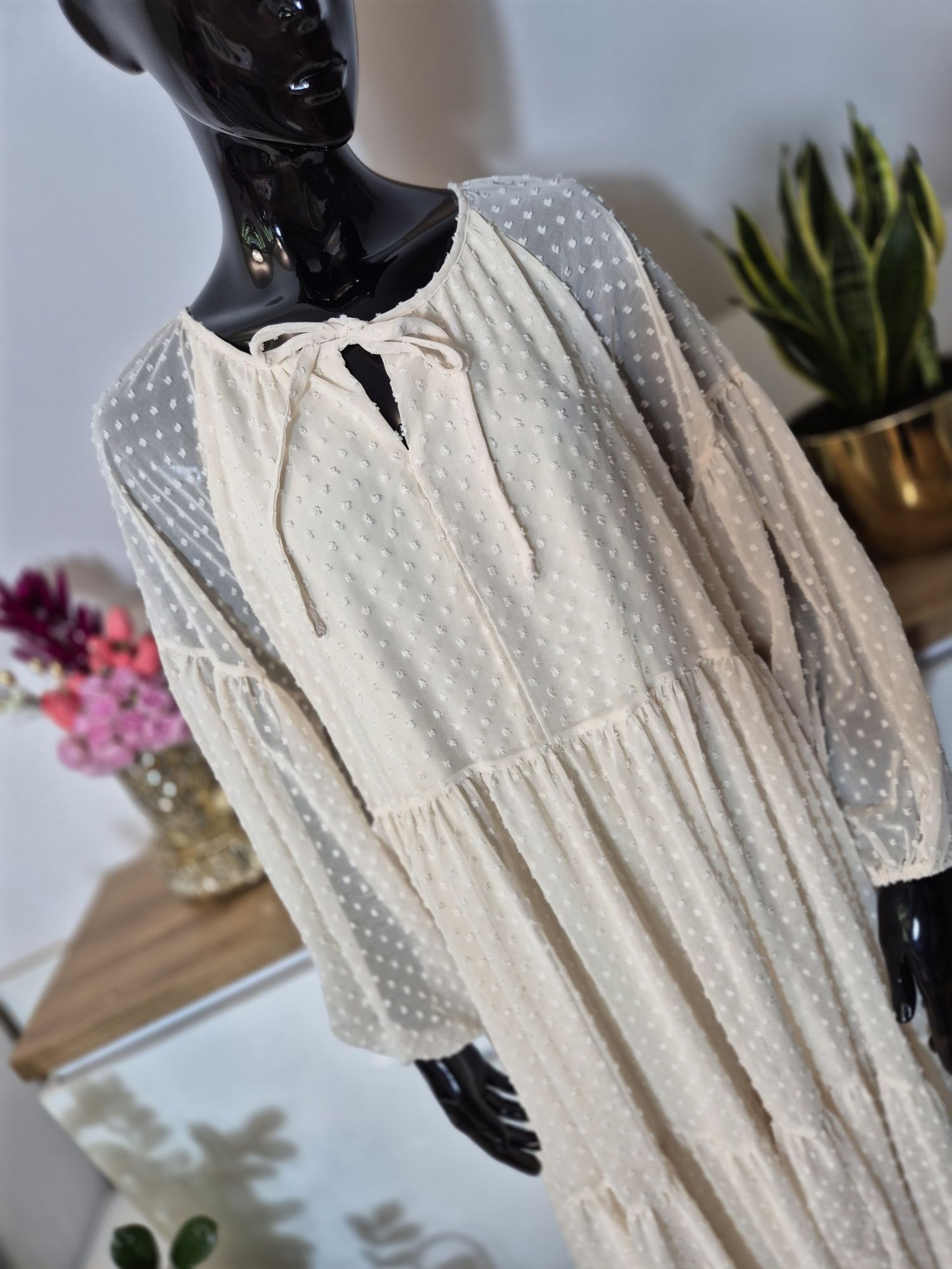 Długa kremowa beżowa sukienka damska maxi Dazy L Oversize plus size wi