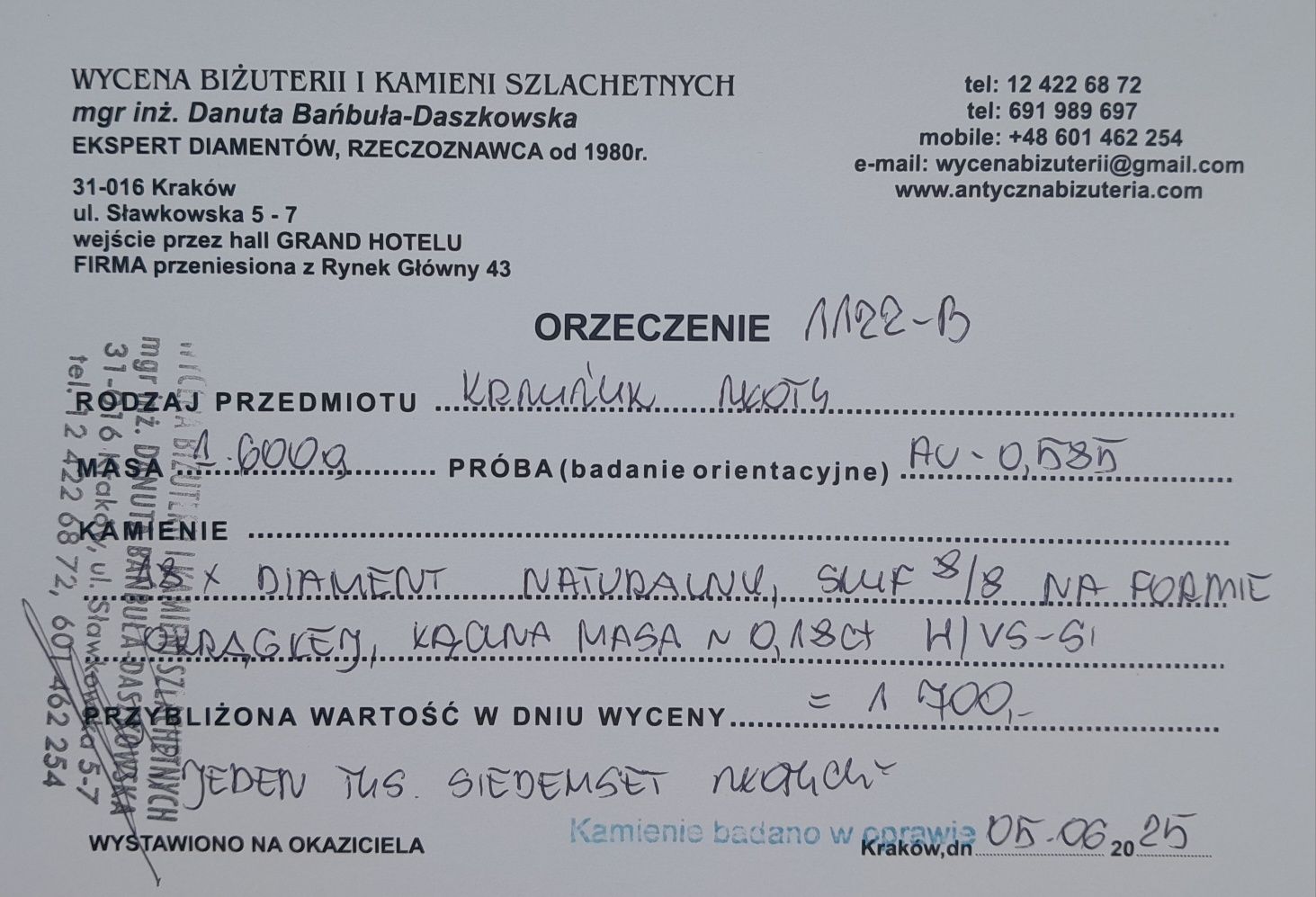 Krzyżyk Brylanty masa 0.18ct Złoto 585 Certyfikat