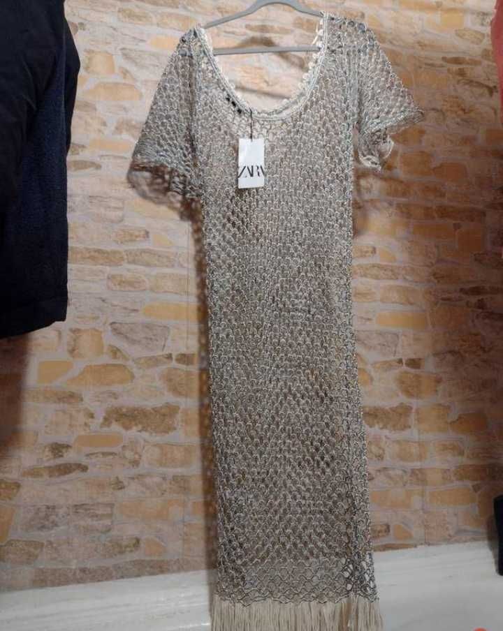 (36/S) ZARA/ Długa, ażurowa sukienka plażowa ze srebrną nitką, NOWA