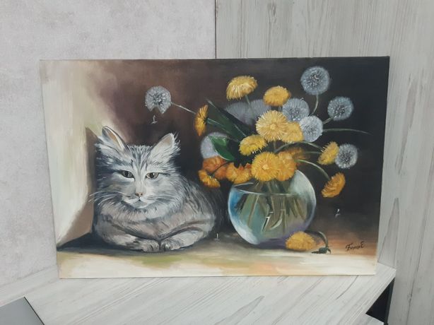 Живопись картина маслом кот и ваза