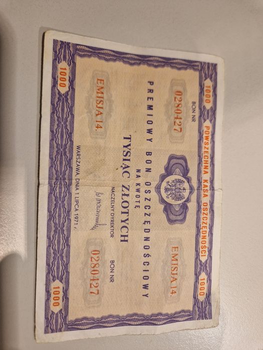 Premiowy bon oszczędnościowy tysiac złotych 1971