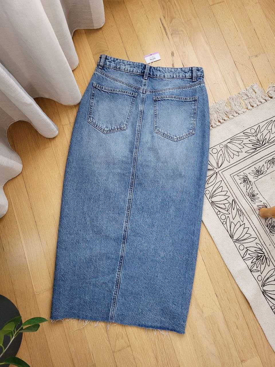 Новая голубая синяя джинсовая миди юбка с разрезом женская трендовая
