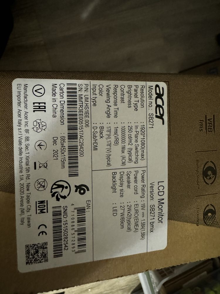 Monitor Acer 27” SB27 fhd nowy ale