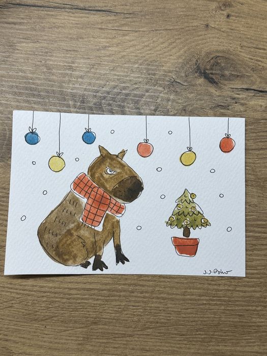 Kartka świąteczna święta boże narodzenie choinka capibara awarela boho
