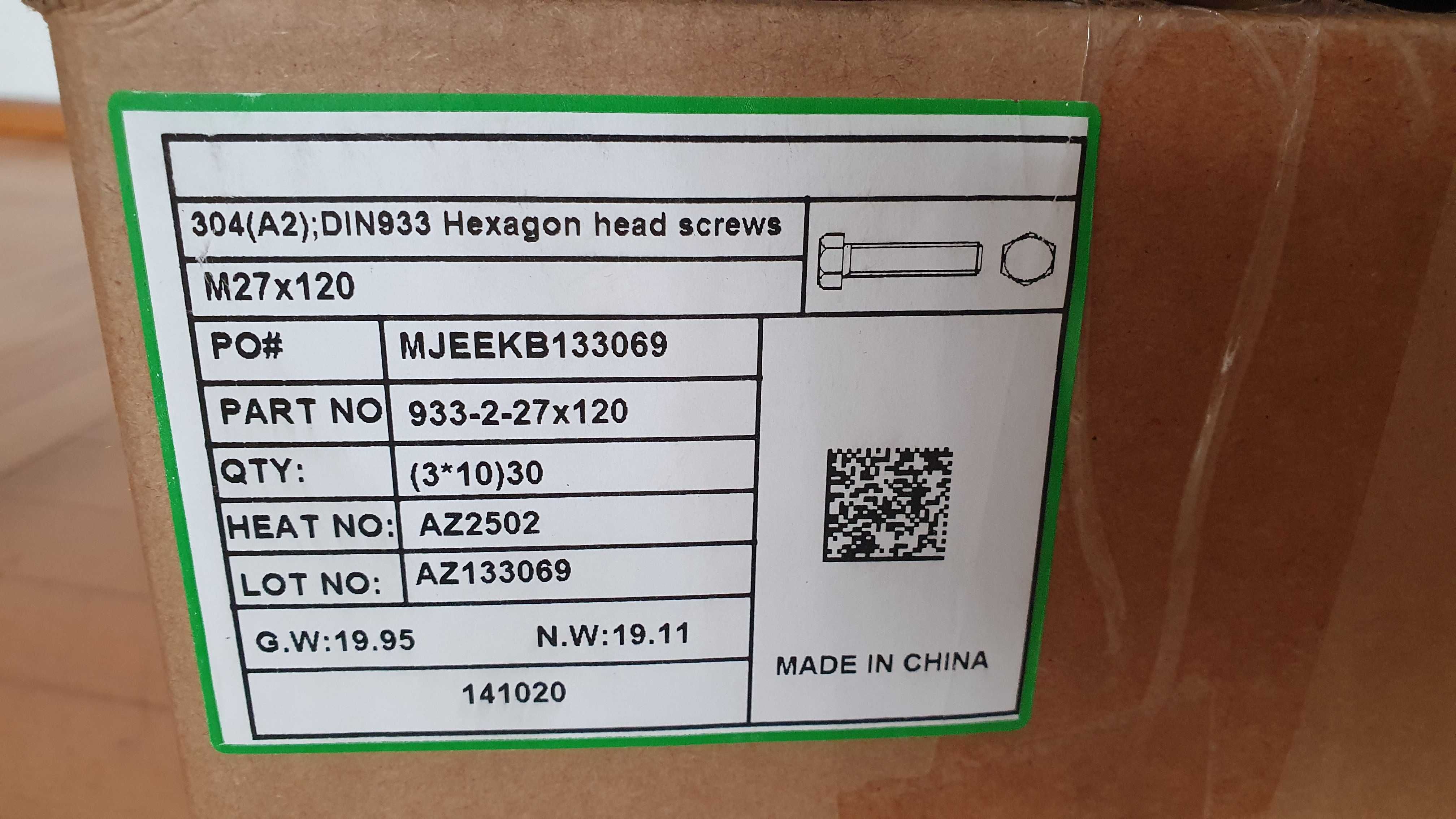 Śruba nierdzewna M27x120 A2 DIN933