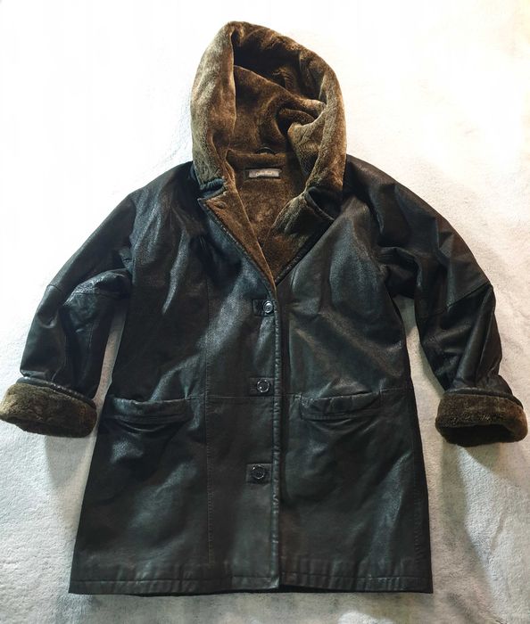 =Leather Sound skórzana kurtka/płaszcz z kapturem i kożuchem! rozm. XL