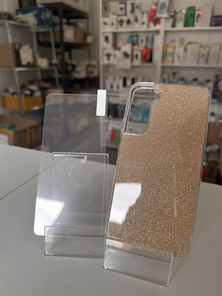 Etui brokat złote + szkło hartowane SAMSUNG S22 pro