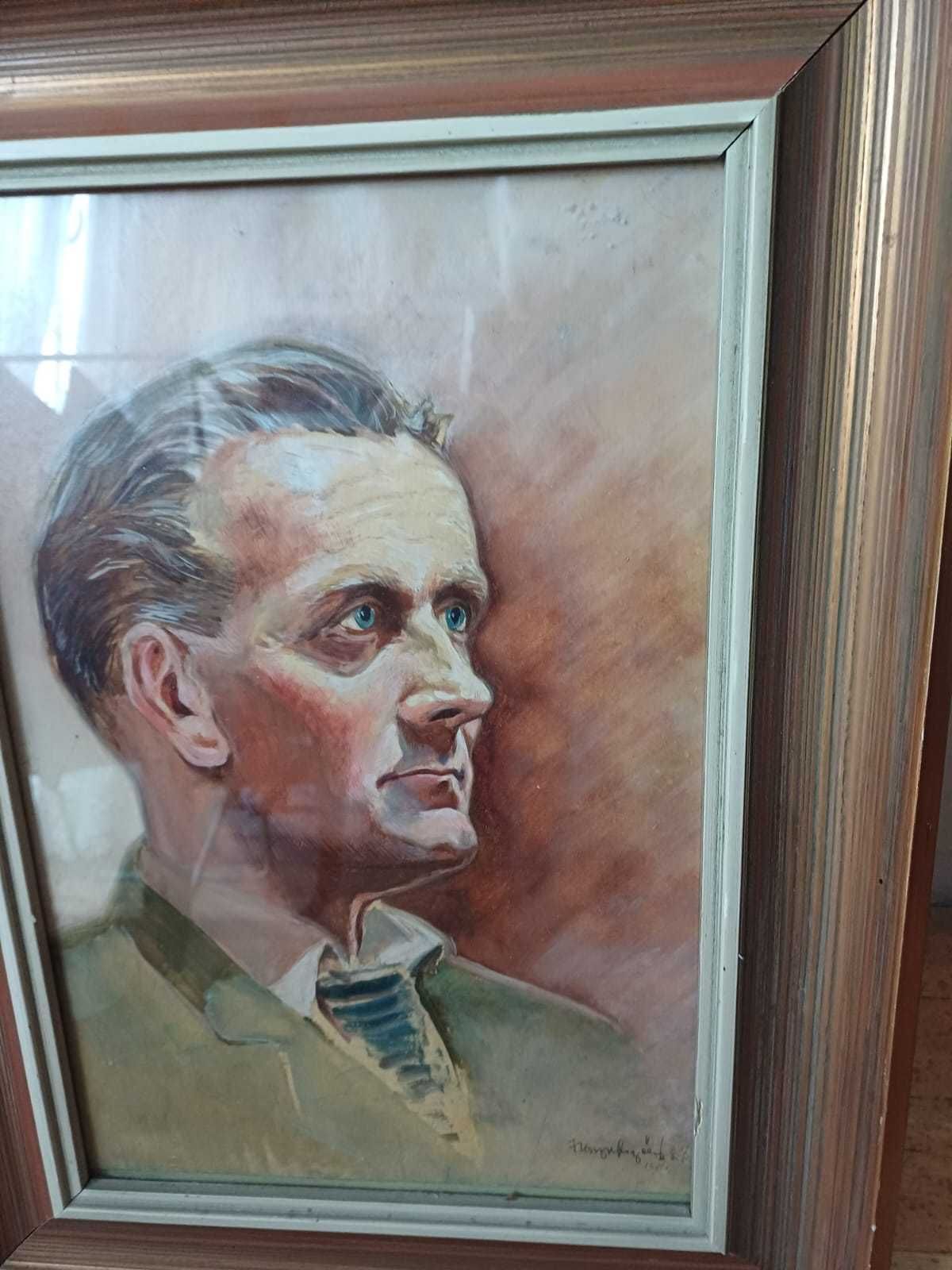 Stary obraz akwarela za szklem sygnowana w prawym dolnym rogu