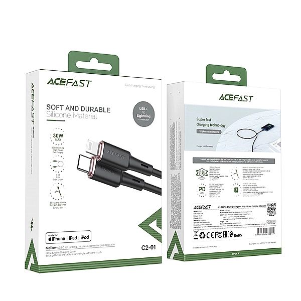 Acefast kabel MFI USB Typ C - Lightning 1,2m, 30W, 3A czarny (C2-01 bl