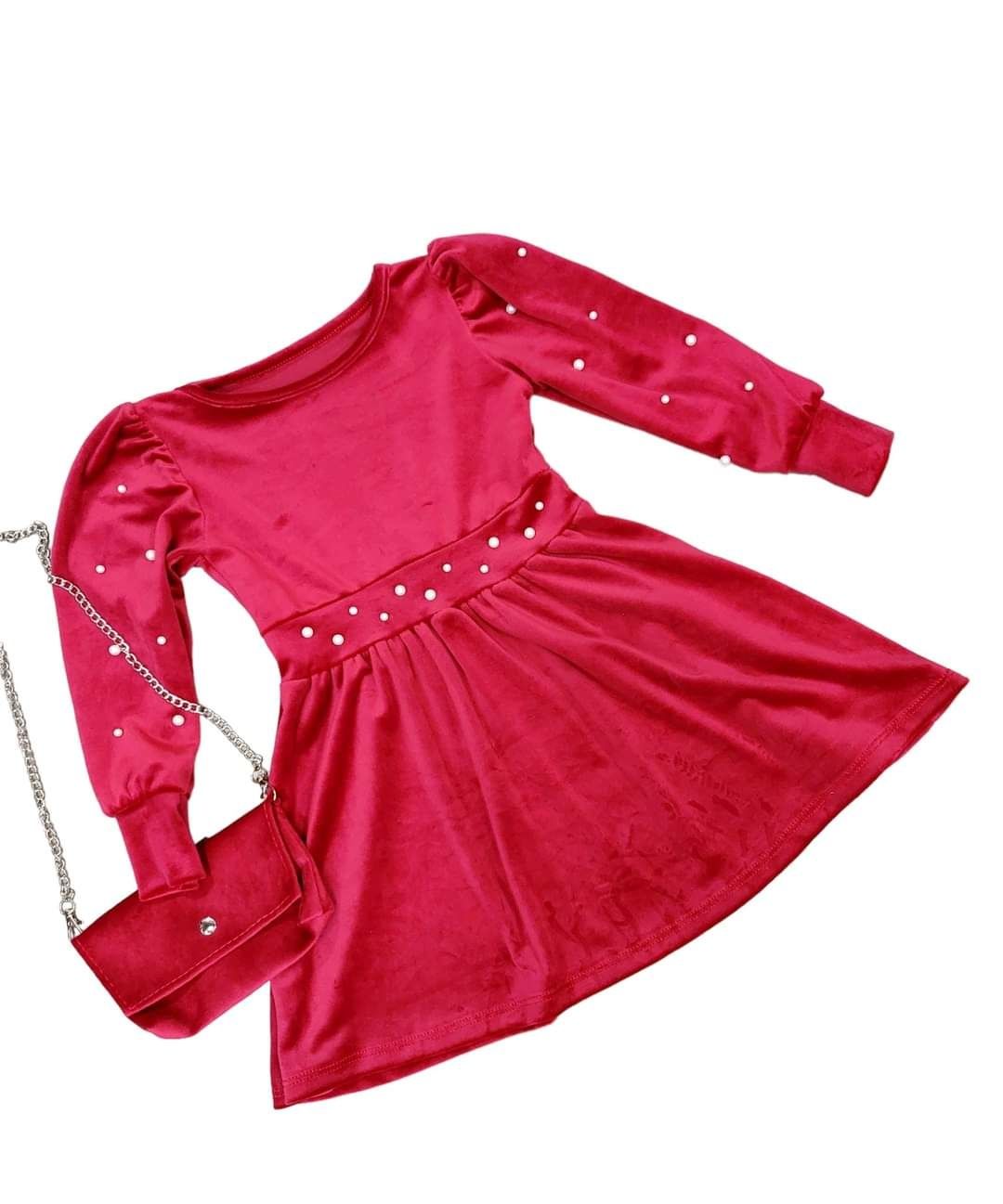 Bordowa sukienka welurowa z torebką perełki dla dziewczynki 4 lat
