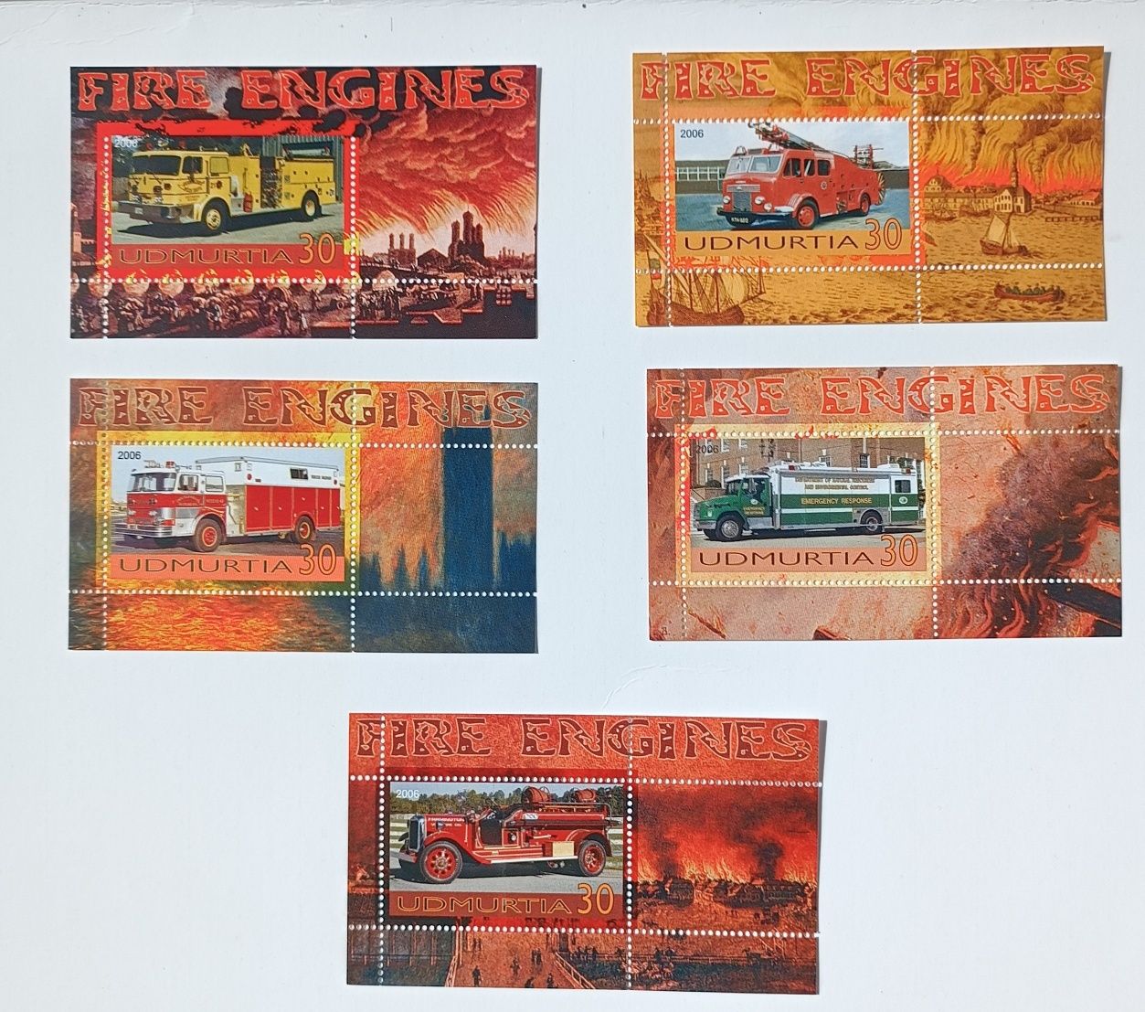 zestaw bloczków znaczków wozy strażackie,  5 szt
