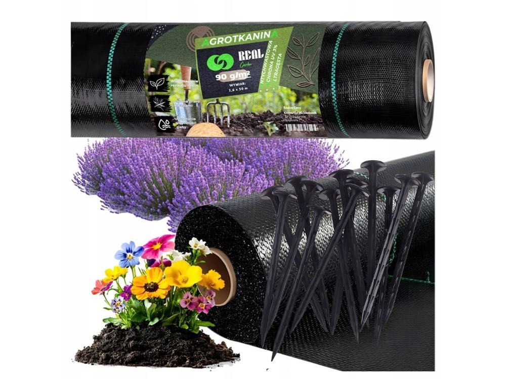 Nowa Agrowłóknina 90G 1,6x50m Czarna UV Agrotkanina Mata + Kotwy