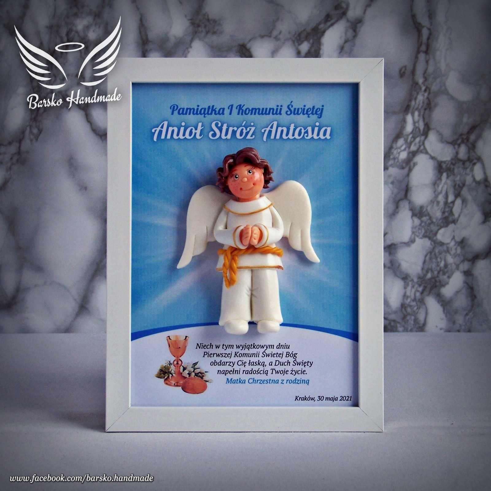 Anioł Stróż z porcelany w ramce 15x21 jako Pamiątka I Komunii Świętej