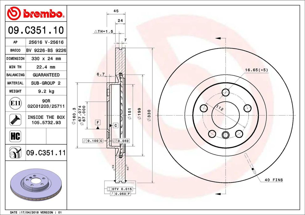 Discos de travão Brembo Prime Line Novo – referência 09.C351.11