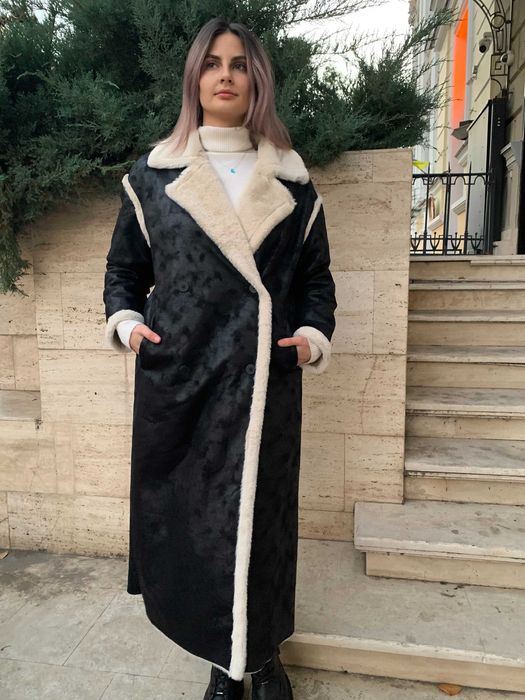 Новое женское чёрное длинное пальто из эко меха дублёнка женская