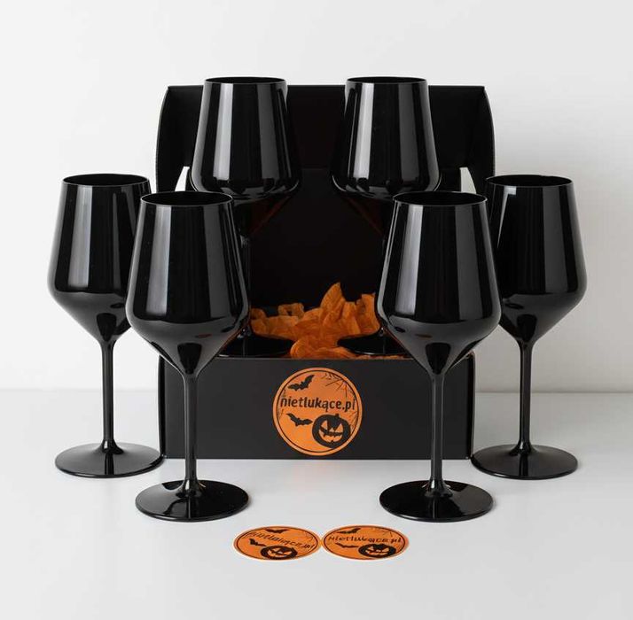 Kieliszki Halloween – prezent, 6 czarnych 470 ml, idealne na imprezę