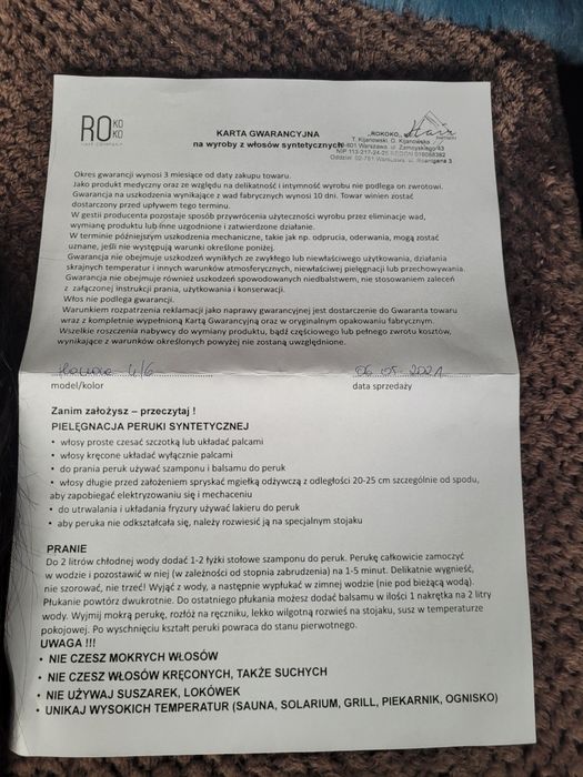 Peruka Rokoko włosie syntetyczne