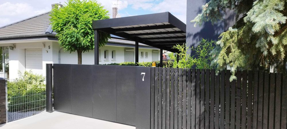 Ogrodzenie frontowe aluminiowe. Brama przesuwna automatyczna. Komplet!