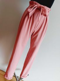 Spodnie pudrowy róż wysoki stan paper bag xs s garnitur materiałowe