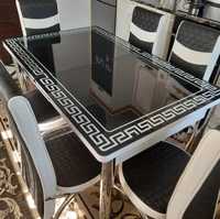 Обідній кухонний скляний стіл з 3D малюнком і стільцями Обеденный стол