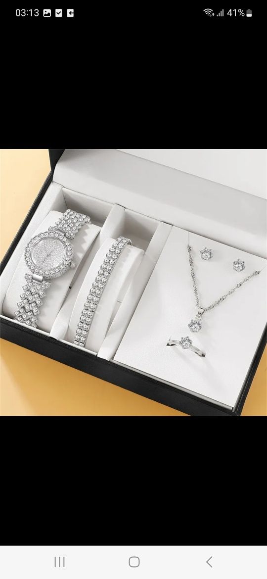 Dwa zestawy biżuterii w kolorze srebrnym komplet zegarek z cyrkoniami