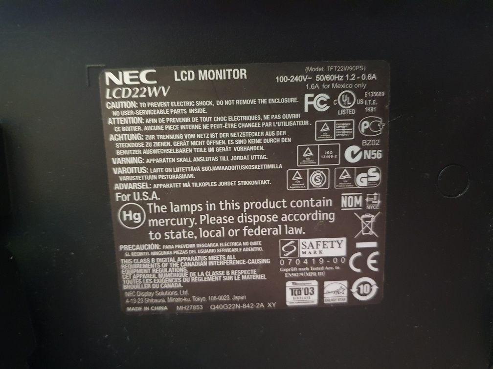 Sprawny Monitor LCD 22" NEC LCD22WV RGB DSUB D-SUB