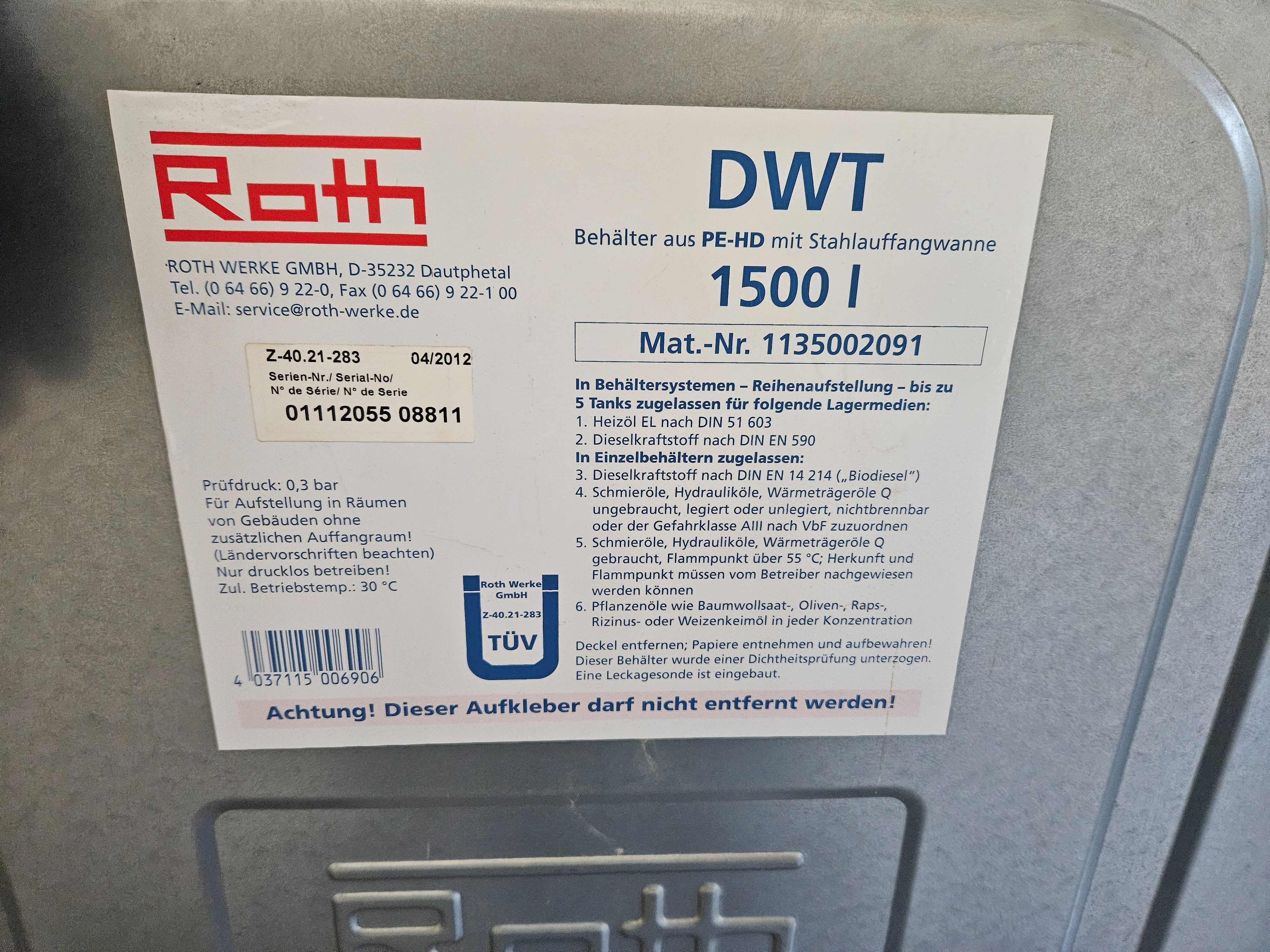 Zbiornik na olej opałowy napędowy 1500l Roth DWT  komplet