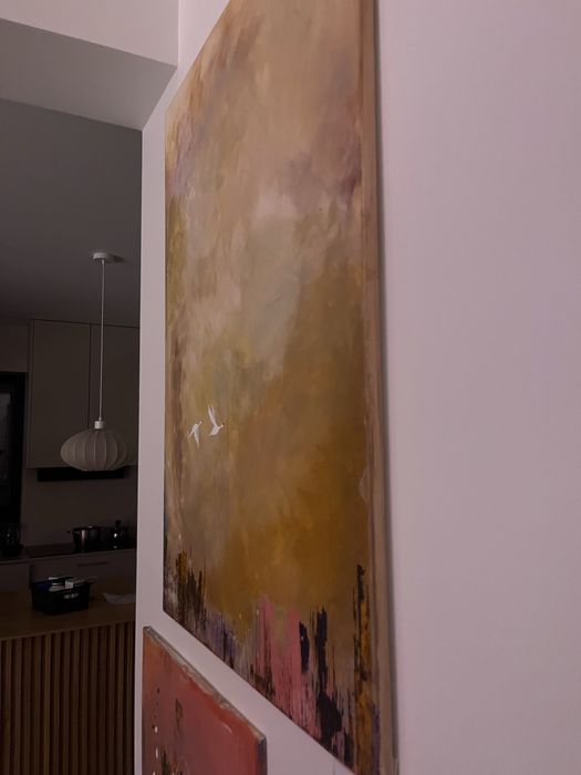 Obraz japandi duzy ptaki lekki piekny kolory ziemi na plotnie