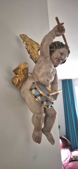 Antyk stara drewniana rzeźba aniołek putto cherubin barok unikat
