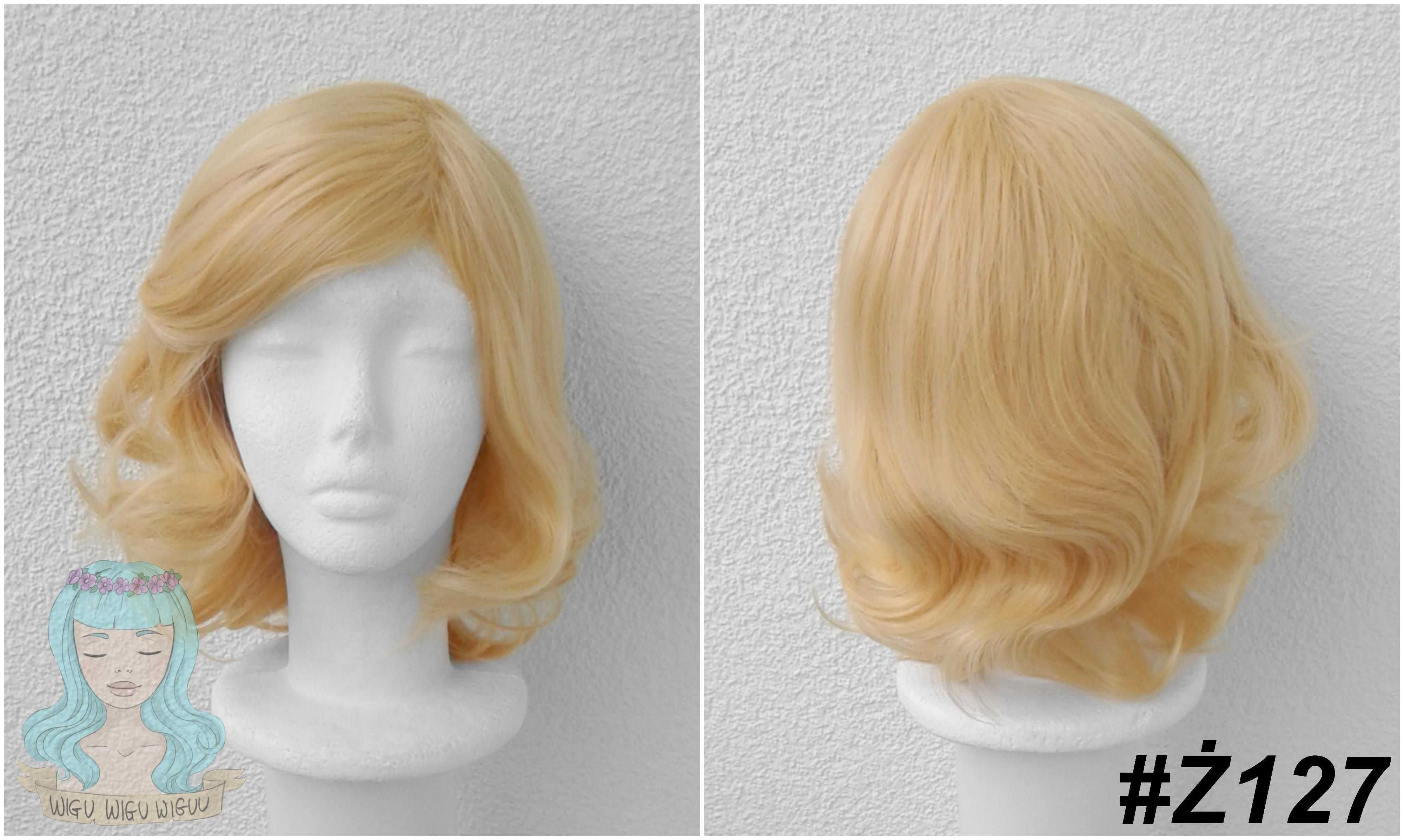 Krótka żółta peruka z grzywką na boku cosplay wig ciepły blond