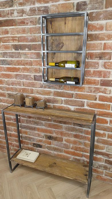 Konsola i stojak na wino loft – stare drewno i stal, transport gratis