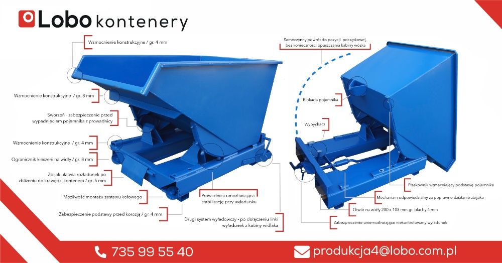 Kontener samowyładowczy / Koleba / Wywrotka przechylna 0,9m3 - Premium