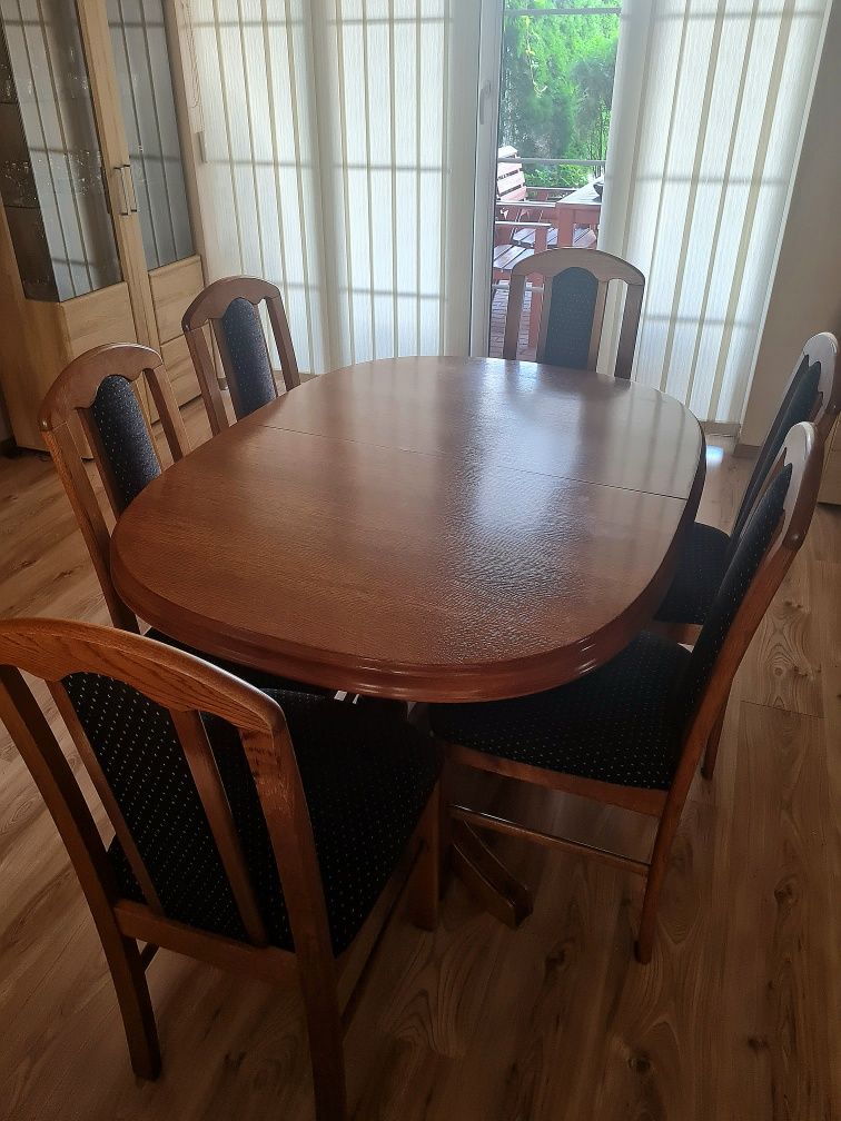 Zestaw dębowy krzesła + stół (stół rozkładany) plus materiał na obicie