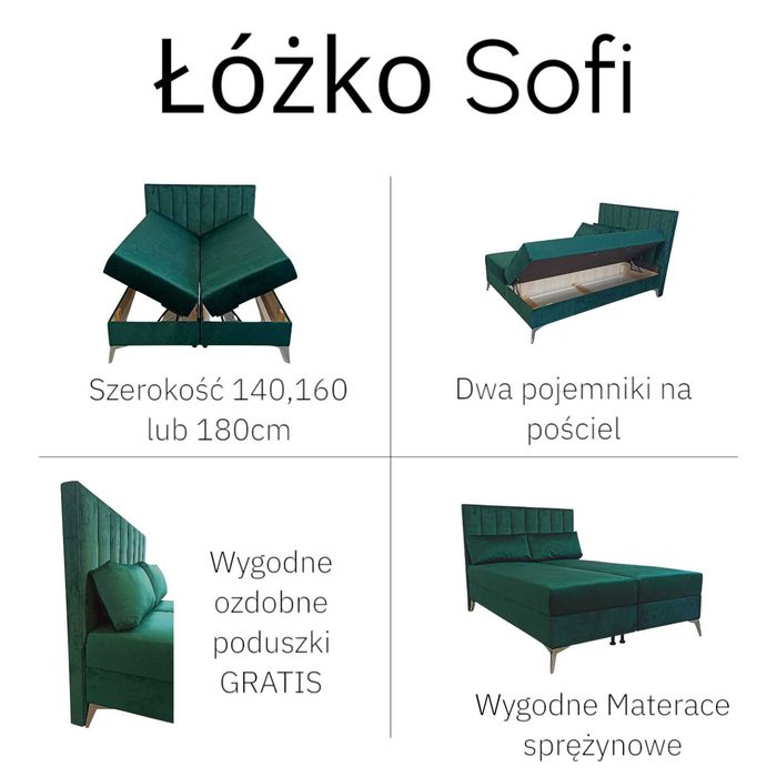 Łóżko kontynentalne panelowe SOFI 140x200 Butelkowa Zieleń, OD RĘKI !