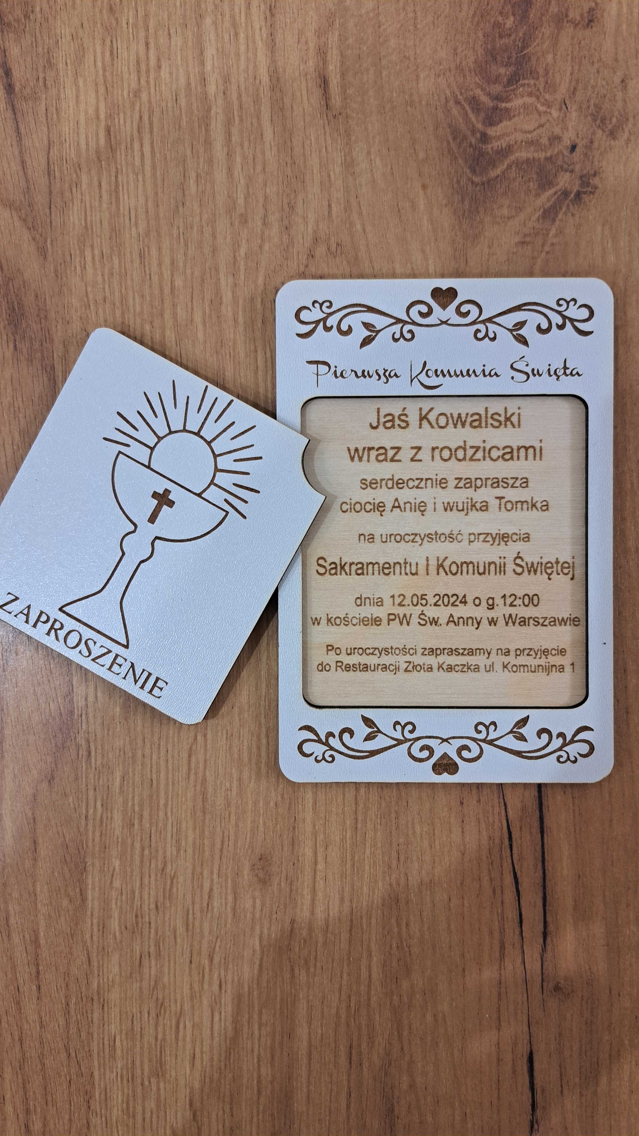 Zaproszenia na komunię - 10x15 - drewniane - personalizowane