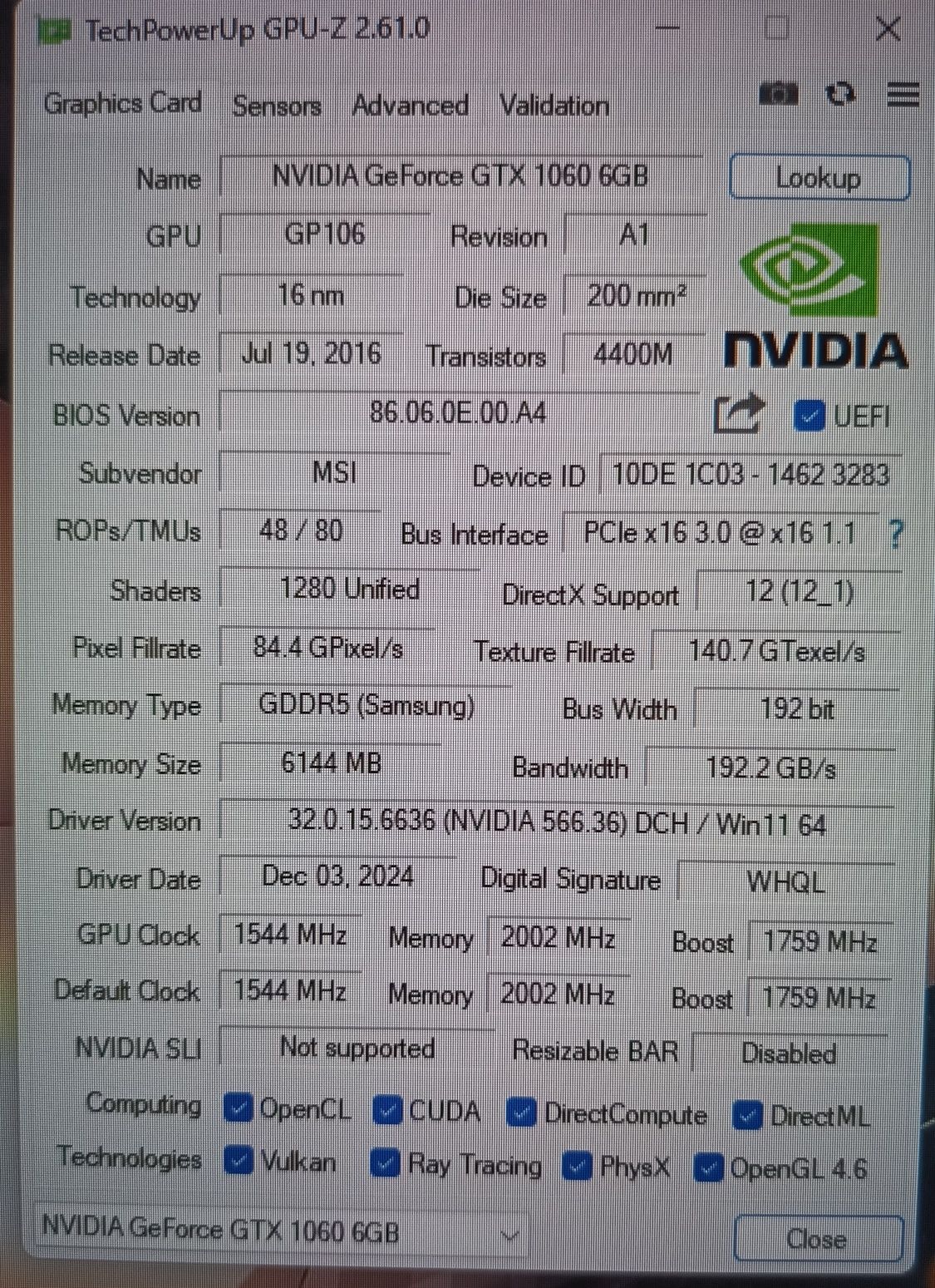 Відеокарта MSI GTX1060 6gb