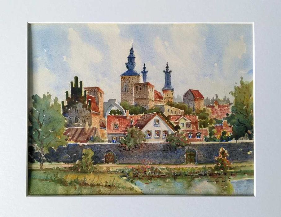 Obraz pejzaż Visby Gotlandia Szwecja akwarela sygnowana