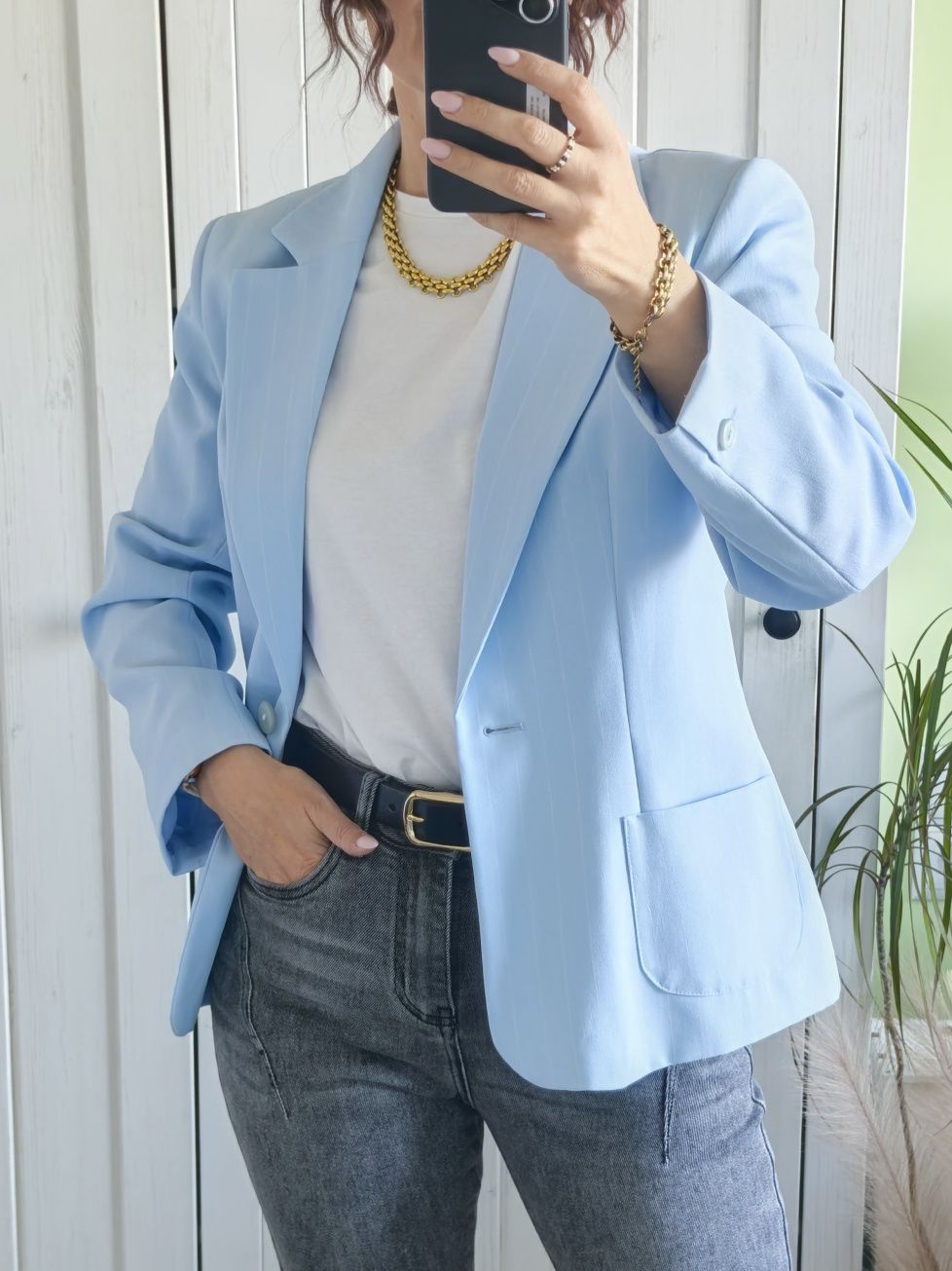 Błękitna marynarka Pimkie w delikatne białe paski smart casual french