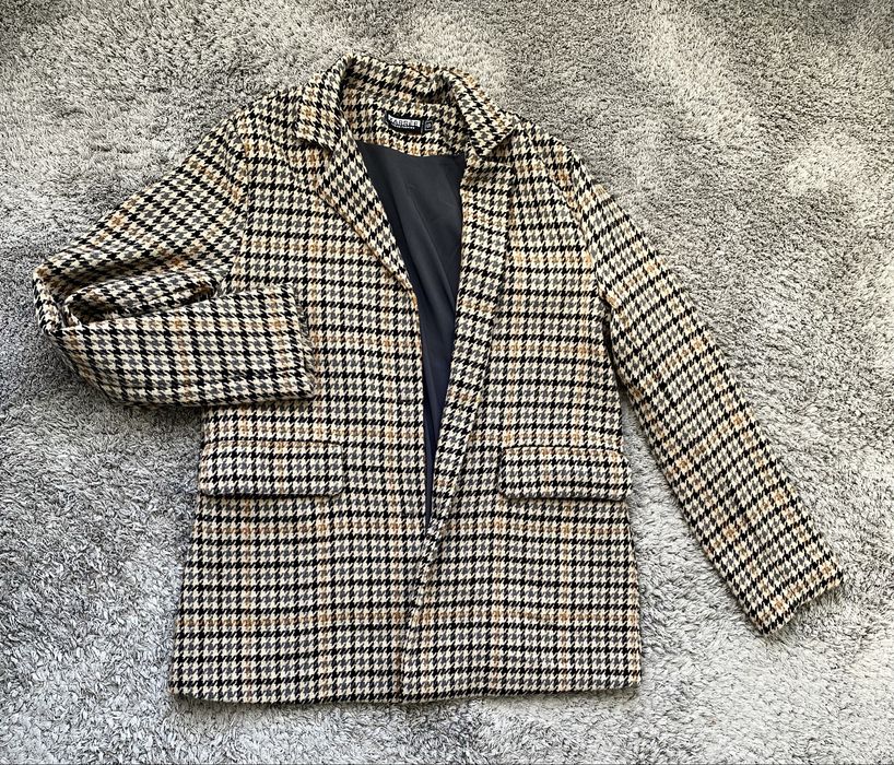 Вовняний коричневий жіночий жакет в гусячу лапку