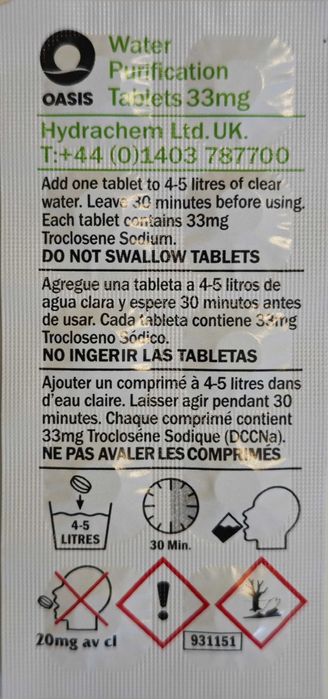 Таблетки для очистки питної води Oasis 5л (10 таблеток/50 літрів)