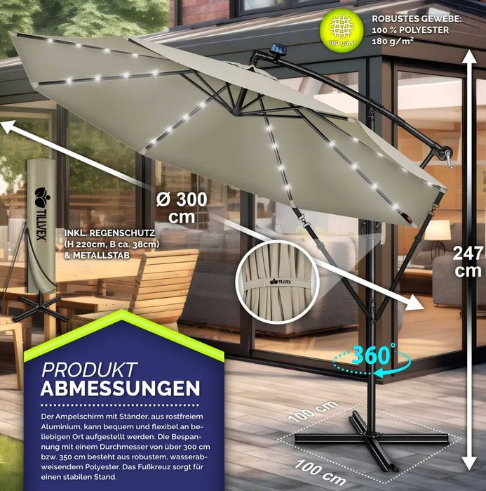 Parasol ogrodowy z oświetleniem LED 300x247cm ALU UV obrotowy j.brąz