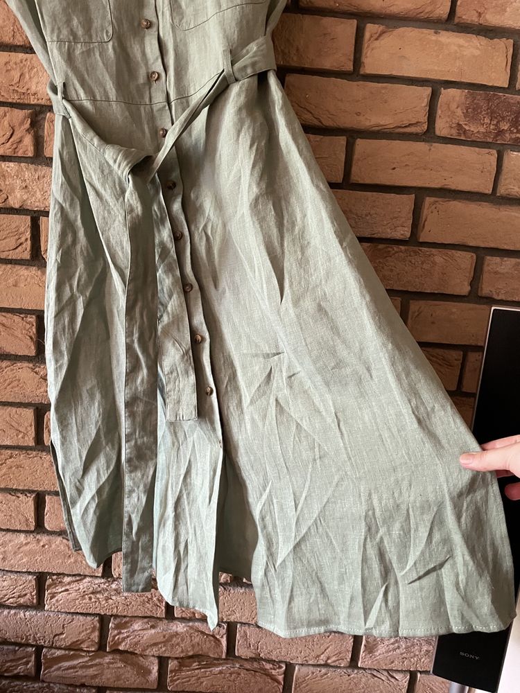 Mango MNG L 40 lniana sukienka zielona khaki szmizjerka wiązana len