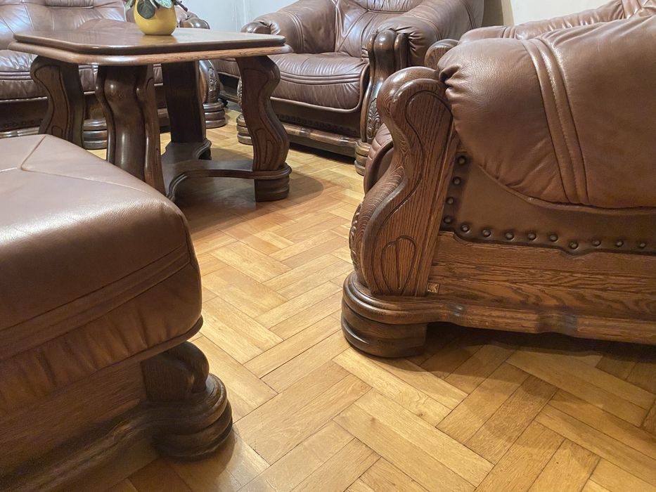 Kler Komplet wypoczynkowy skóra naturalna drewno dębowe zestaw mebli