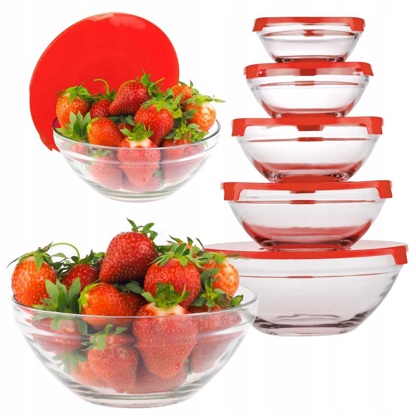 MISKI SZKLANE kuchenne zestaw Z POKRYWKAMI 5szt czerwone red
