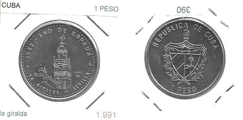 Cuba - - - 1 Peso - 1991 - - - Torre La Giralda Sevilha - - - Moeda