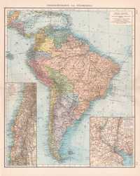 Ameryka Południowa. Duża efektowna mapa 1899 r. autentyk